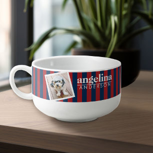 Red and Navy Striped Pattern Custom Name and Photo Soup Mug
