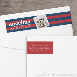 Red and Navy Striped Pattern Custom Name and Photo Wrap Around Label