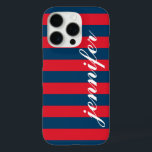 Red and Navy Stripes Custom Script Monogram Name iPhone 16 Pro Case<br><div class="desc">Dress up and protect your iphone with a preppy,  modern and bold striped pattern design that is custom monogrammed with your first name in a lowercase script font.  Dark navy / indigo blue and red horizontal stripes contrasted with white text.</div>