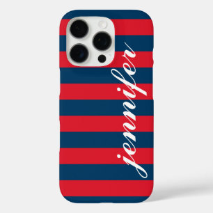 Red and Navy Stripes Custom Script Monogram Name iPhone 16 Pro Case