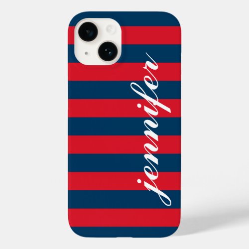 Red and Navy Stripes Custom Script Monogram Name Case_Mate iPhone 14 Case