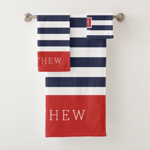 Red and Navy Stripes Monogram Bath Towel Set