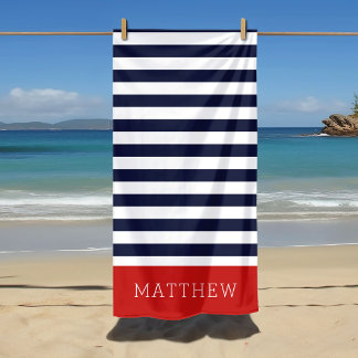 Red and Navy Stripes Monogram Beach Towel