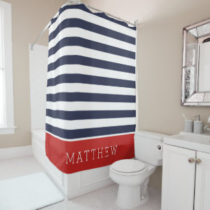 Red and Navy Stripes Monogram Shower Curtain
