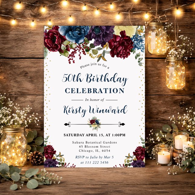 Red and Navy Winter Flowers 50th Birthday Invitation (Creator Uploaded)