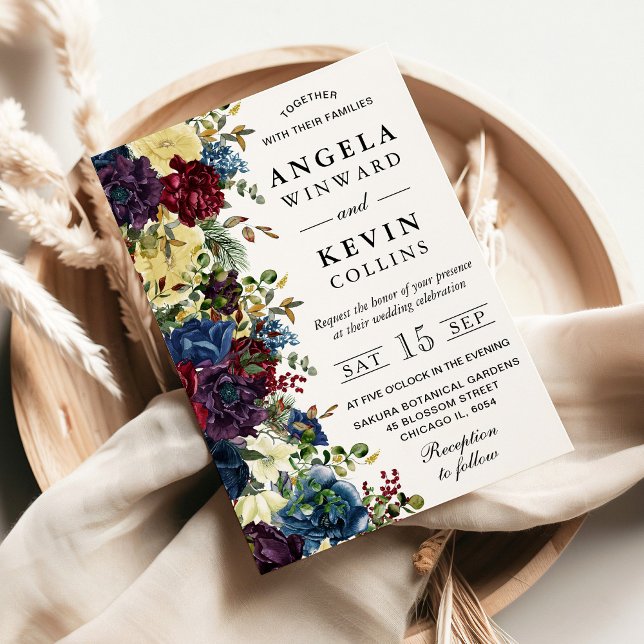 Red and Navy Winter Flowers Wedding Invitation (Creator Uploaded)