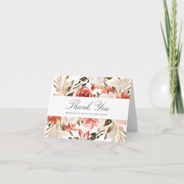 Red and Off White Floral Thank You with Name(s) Card (Front)