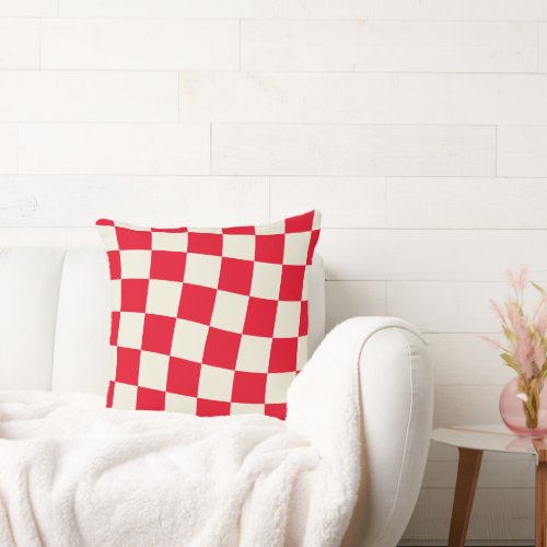 Red and Off_White Warped Grid Throw Pillow