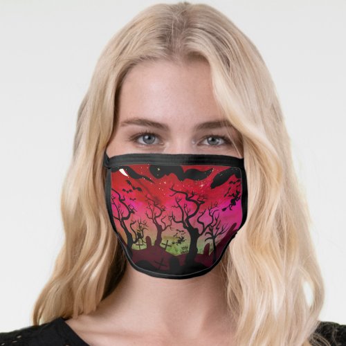 Red and olive green blue graveyard scene Halloween Face Mask