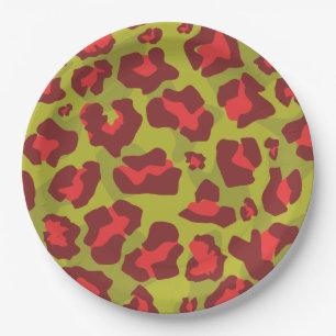 Red and olive green leopard animal print paper plates