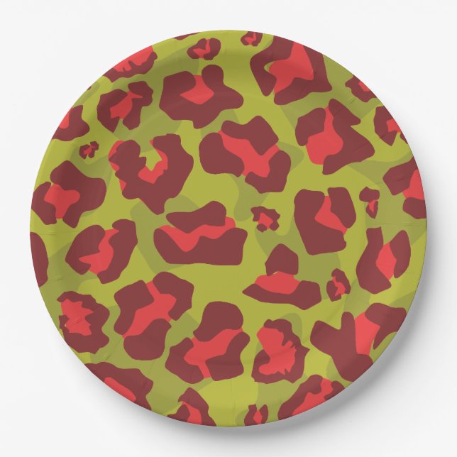 Red and olive green leopard animal print paper plates (Front)
