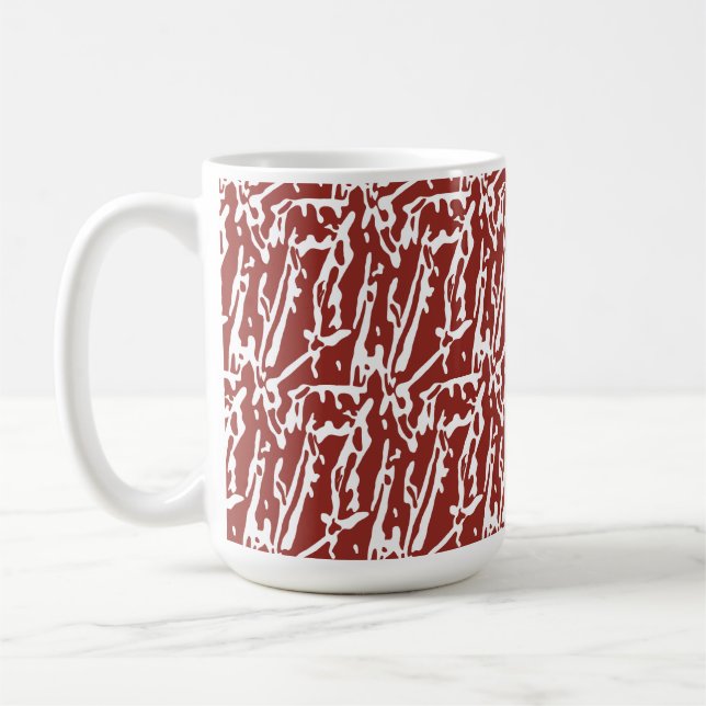 Red and orange abstract shapes blend and overlap a coffee mug (Left)