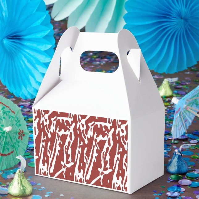 Red and orange abstract shapes blend and overlap a favor boxes (Party)