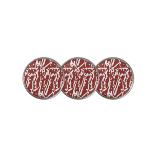 Red and orange abstract shapes blend and overlap a golf ball marker