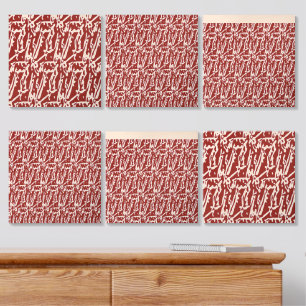 Red and orange abstract shapes blend and overlap a wood photo tile