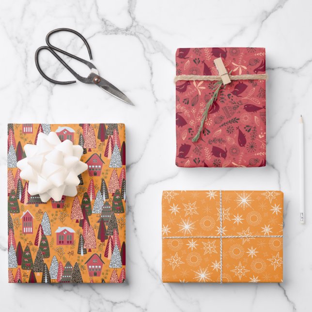 Red and Orange Christmas Forest Village Wrapping Paper Sheets (Front)