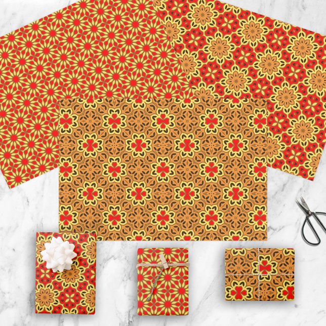 Red and Orange Ethnic Oriental Geometric Patterns Wrapping Paper Sheets (Creator Uploaded)