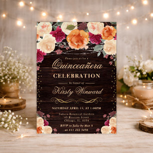 Red and Orange Fall Flowers Quinceanera Invitation