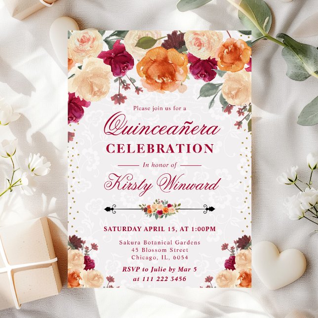 Red and Orange Fall Flowers Quinceanera Invitation (Creator Uploaded)