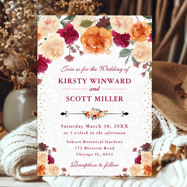 Red and Orange Fall Flowers Wedding Invitation (Creator Uploaded)