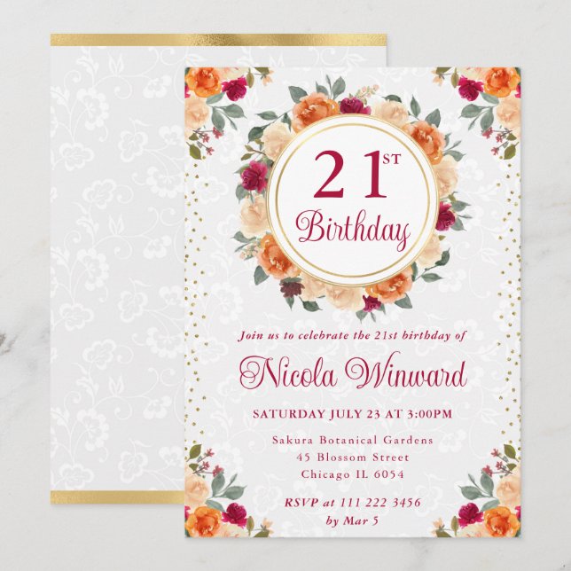 Red and Orange Fall Flowers Wreath Birthday Invitation (Front/Back)