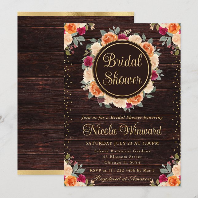 Red and Orange Fall Flowers Wreath Bridal Shower Invitation (Front/Back)
