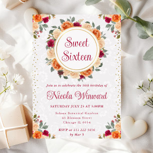 Red and Orange Fall Flowers Wreath Sweet 16 Invitation