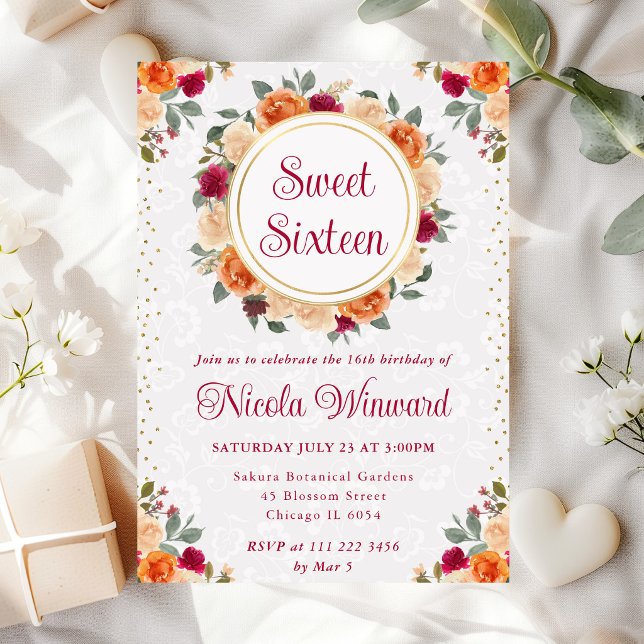Red and Orange Fall Flowers Wreath Sweet 16 Invitation (Creator Uploaded)