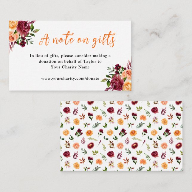 Red and Orange Flowers Birthday A Note On Gifts Enclosure Card (Front/Back)