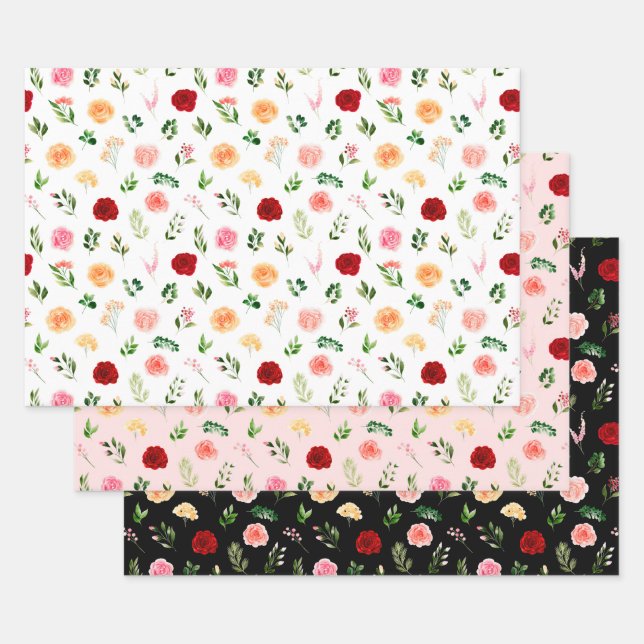 Red and Orange Flowers with Foliage Pattern Wrapping Paper Sheets (Set)