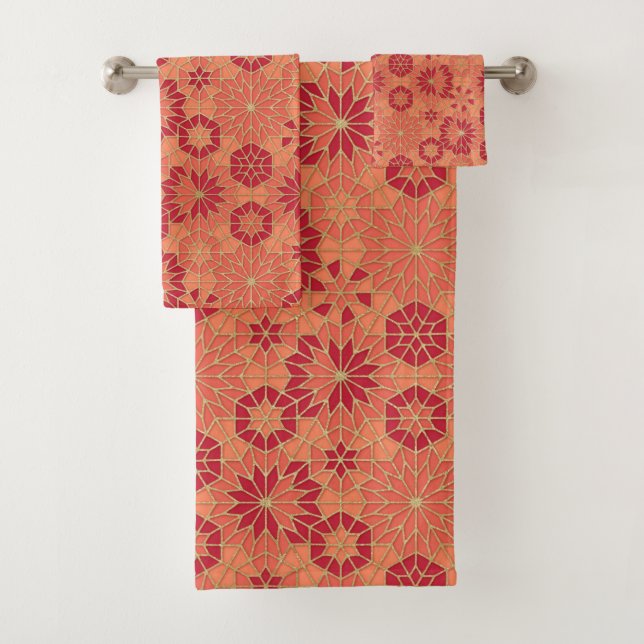 Red and orange pattern bath towel set (Insitu)