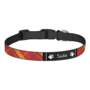 Red And Orange Plaid With Dog Paws & Name Pet Collar