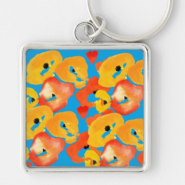 Red and orange poppies floral art keychain (Front)