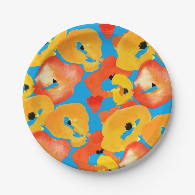 Red and orange poppies floral art paper plates (Front)