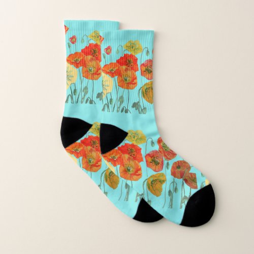 Red and Orange Poppies Poppy Floral Pattern Socks