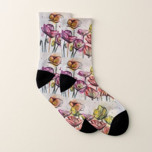 Red and Orange Poppies Poppy Floral Pattern Socks