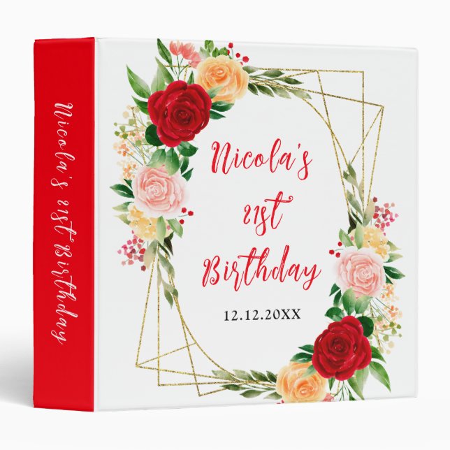 Red and Orange Roses Birthday Party Photo Album 3 Ring Binder (Front/Spine)
