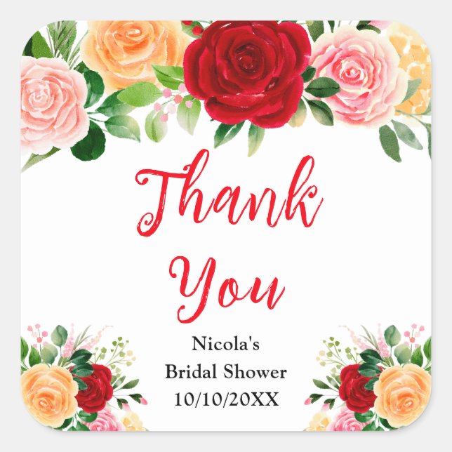 Red and Orange Roses Bridal Shower Thank You Square Sticker (Front)