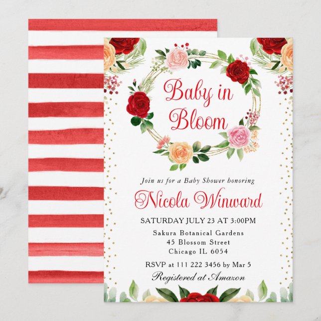 Red and Orange Roses Flowers Wreath Baby Shower Invitation (Front/Back)
