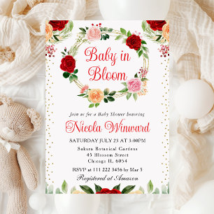 Red and Orange Roses Flowers Wreath Baby Shower Invitation