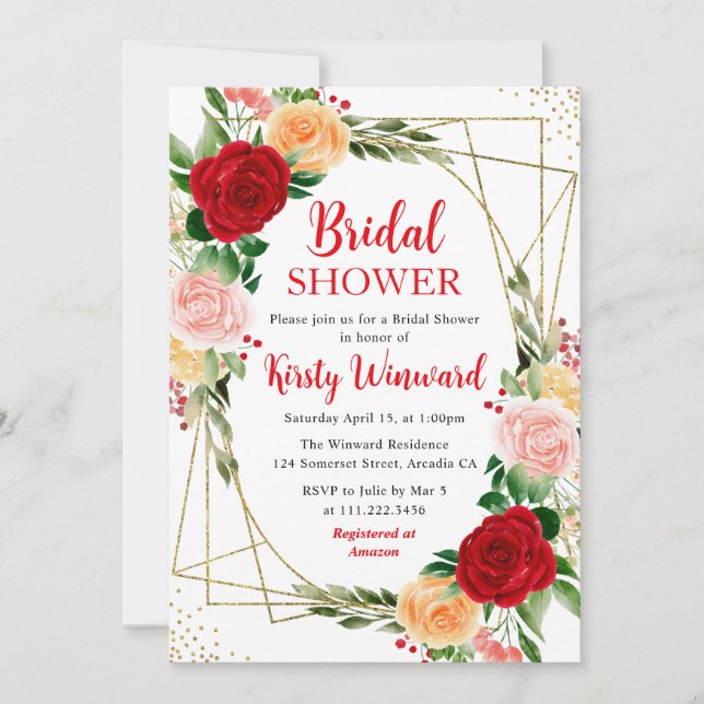 Red and Orange Roses & Gold Frame Bridal Shower Invitation (Front)