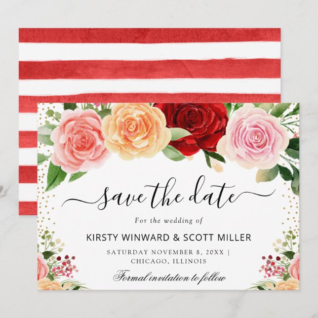 Red and Orange Roses Summer Flowers Wedding Save The Date (Front/Back)