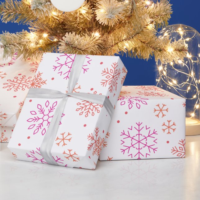 Red and Orange Snowflakes Modern Christmas Wrapping Paper (Holidays)
