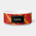 Red And Orange Tartan Pattern With Pet's Name Bowl<br><div class="desc">Tartan / plaid style pattern in red and orange color scheme. There is also a black banner with a personalizable text area for pet's name.</div>