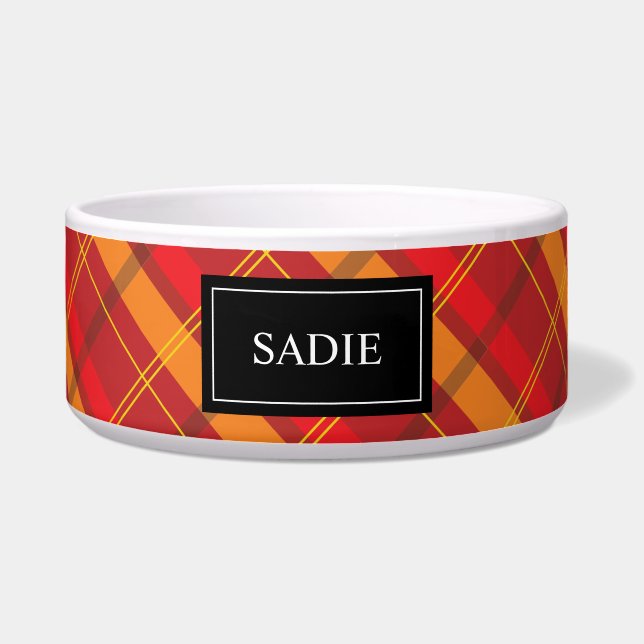 Red And Orange Tartan Pattern With Pet's Name Bowl (Front)