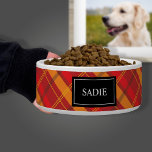 Red And Orange Tartan Pattern With Pet's Name Bowl<br><div class="desc">Tartan / plaid style pattern in red and orange color scheme. There is also a black banner with a personalizable text area for pet's name.</div>