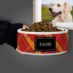 Red And Orange Tartan Pattern With Pet's Name Bowl<br><div class="desc">Tartan / plaid style pattern in red and orange color scheme. There is also a black banner with a personalizable text area for pet's name.</div>