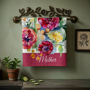 Red and orange watercolor floral customizable kitchen towel