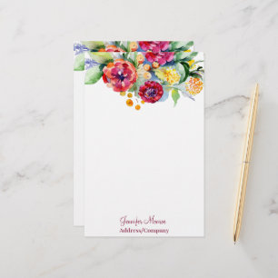 Red and orange watercolor floral personalized stationery