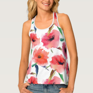 Red and Orange Watercolor Poppies Floral Pattern Tank Top